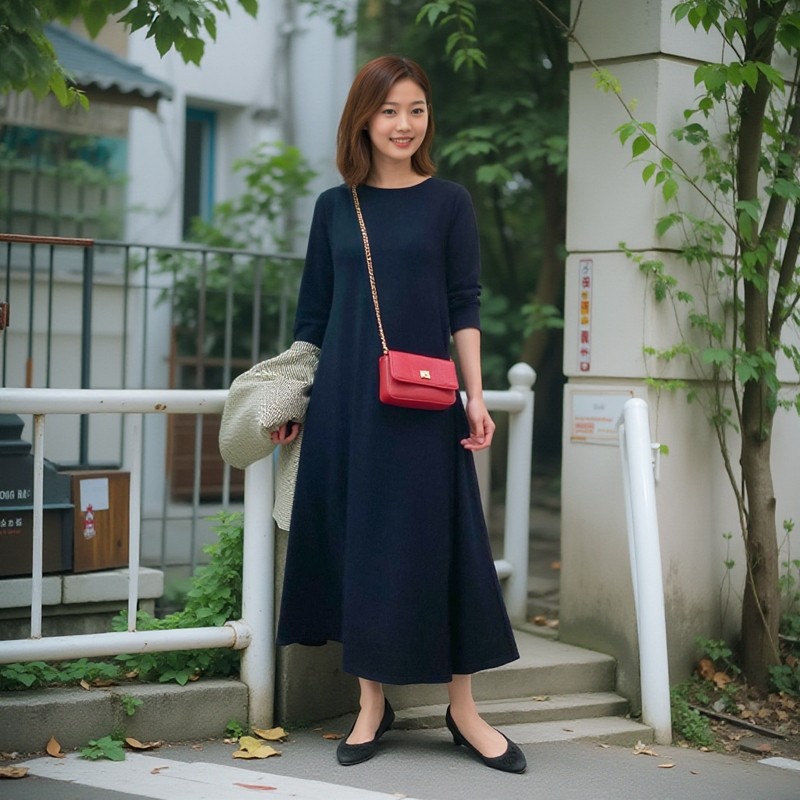 贰叁黑色收腰显瘦高级感宽松过膝长款针织连衣裙女士春秋冬长裙