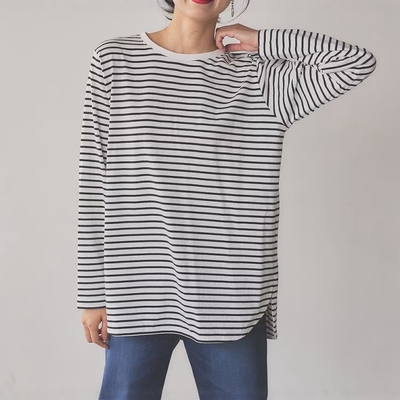 长袖T恤宽松显瘦条纹上衣纯棉白色内搭打底衫女2025春秋新款