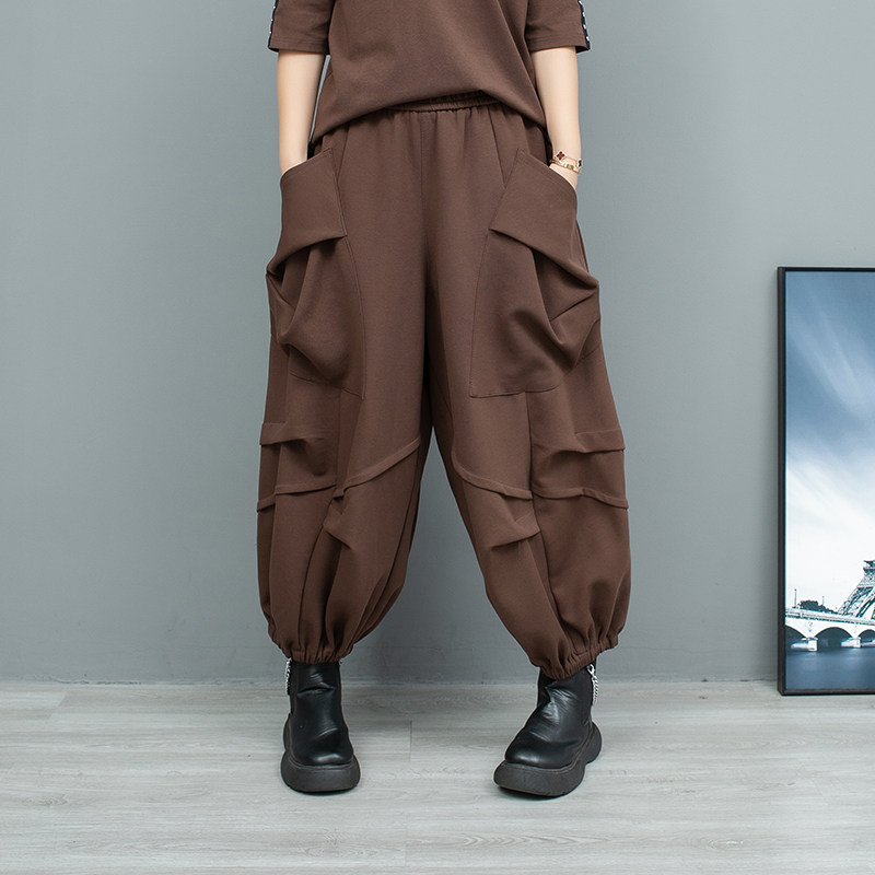 时尚个性百搭款纯色褶边阔腿灯笼裤女春季宽松休闲大兜九分裤潮