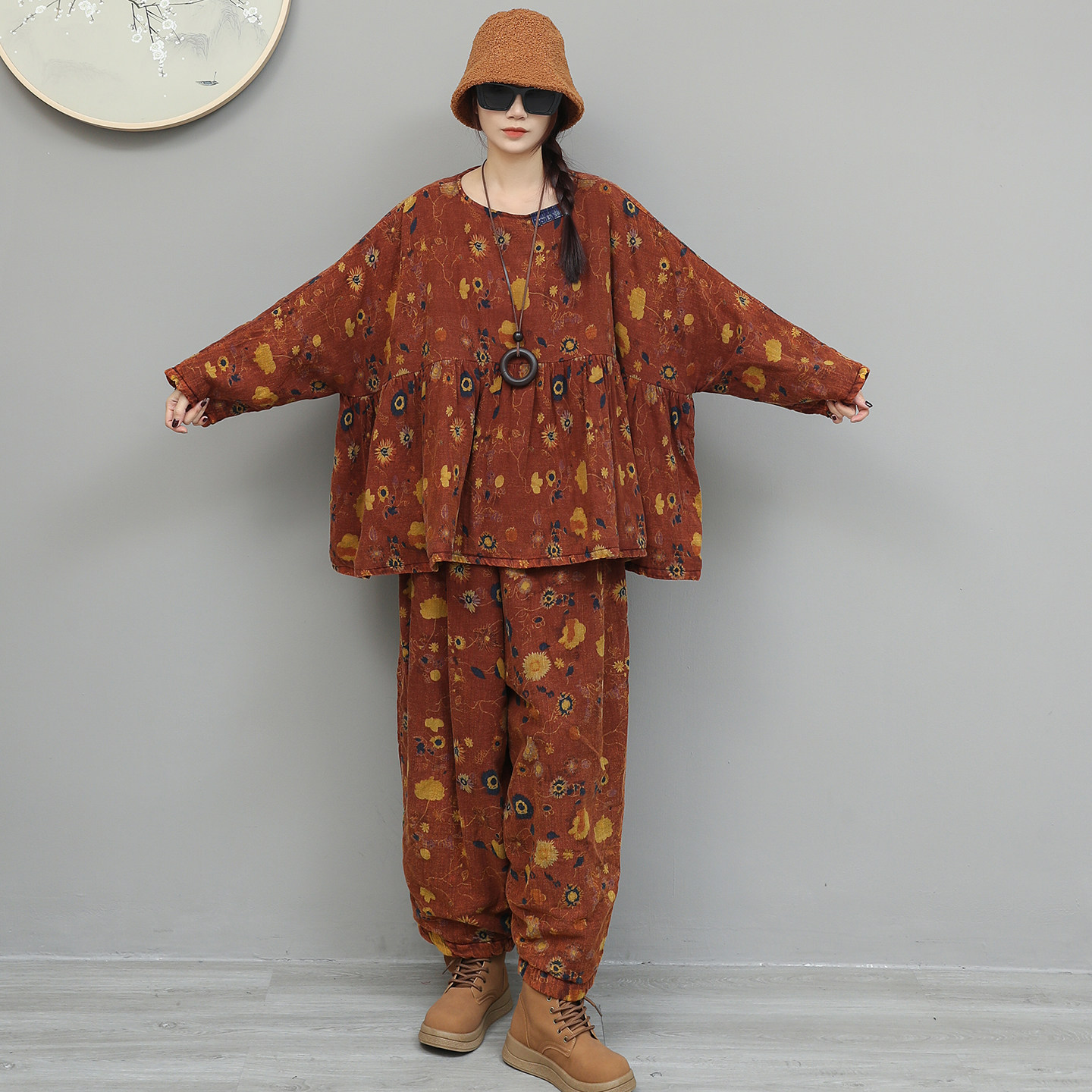 复古文艺碎花棉麻大摆娃娃衫薄棉棉服棉裤两件套女冬宽松休闲套装
