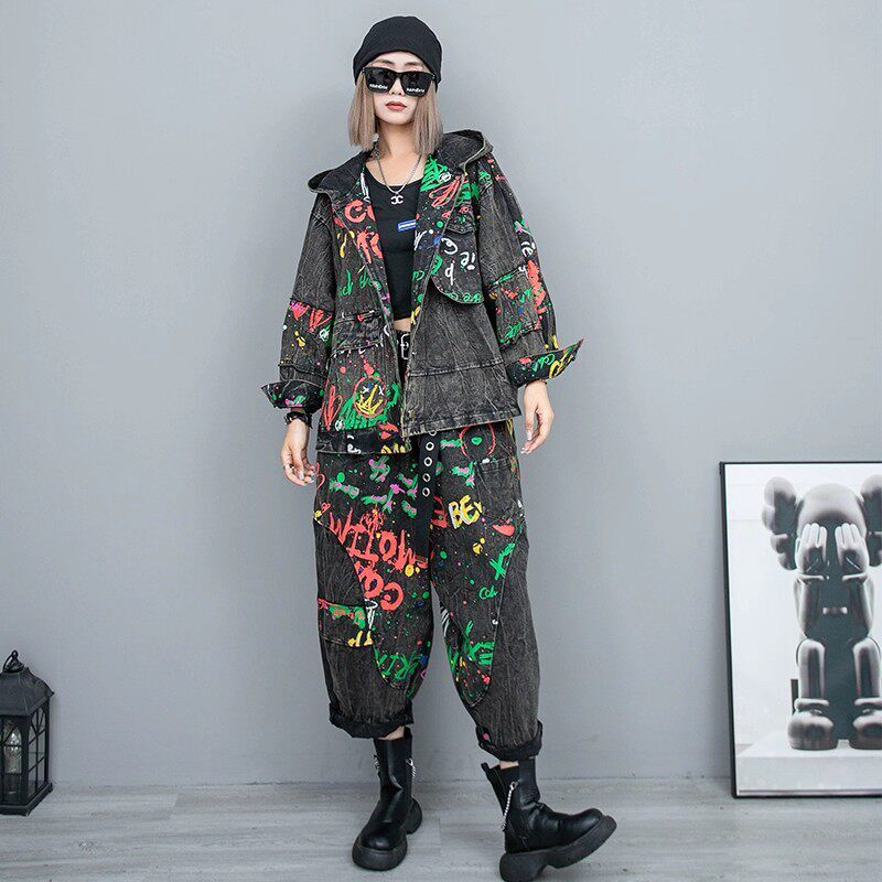 街头个性潮酷时尚套装女春做旧印花牛仔长袖外套哈伦裤宽松两件套