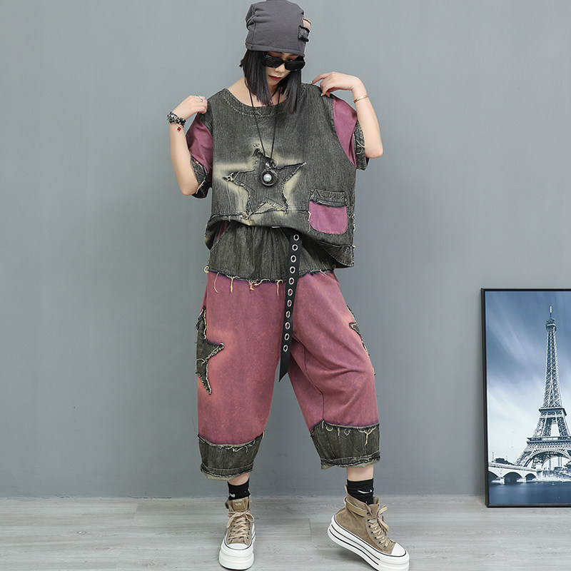 宽松个性时尚套装女夏款做旧拼色薄牛仔短袖上衣八分裤两件套潮