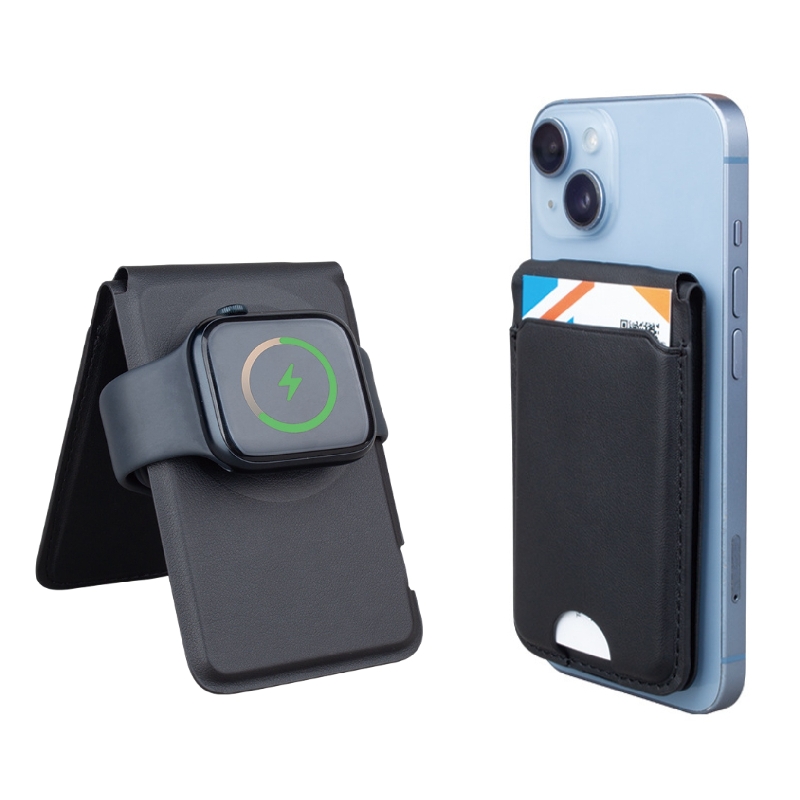商务折叠磁吸手机背贴卡套支架PU皮革卡夹包手表无线充电定制logo