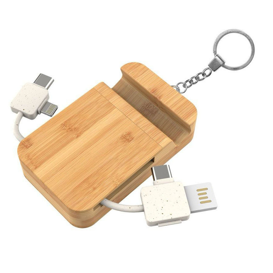 环保便携式四合一竹木数据线收纳盒多功能支架充电线礼品定制logo