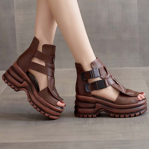 防水台真皮罗马凉鞋女坡高跟凉靴