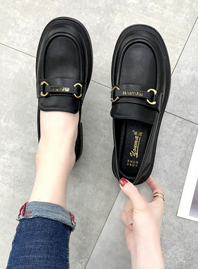 软皮小皮鞋女秋2023新款一脚蹬平底通勒英伦风黑色单鞋平底小皮鞋