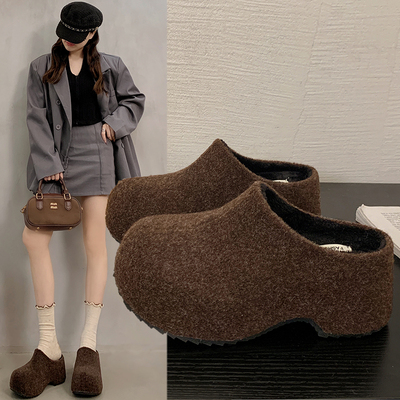 冬季新款厚底增高马蹄跟包头半拖