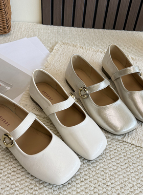 温柔风方头玛丽珍鞋女2026春夏新款一字扣带浅口单鞋女平底小皮鞋