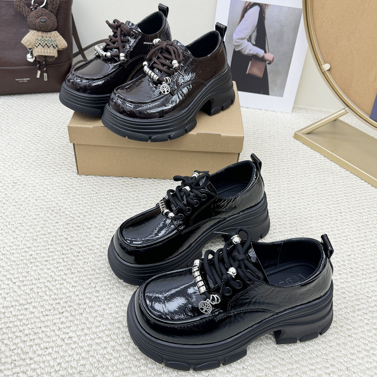 英伦厚底小皮鞋女2026春季新款小个子增高漆皮乐福鞋粗跟系带单鞋,女鞋,深口单鞋,淘宝优惠券,粉丝福利购,淘宝优惠卷