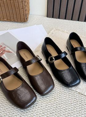 复古深棕方头玛丽珍鞋女2026春夏新款一字扣软皮浅口单鞋女小皮鞋