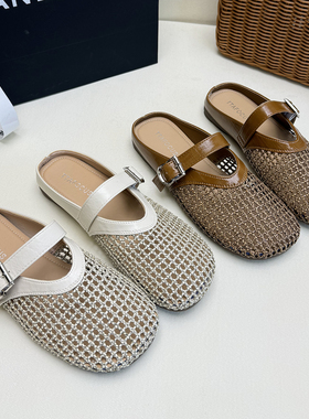 网面玛丽珍半拖女鞋春夏新款一字扣透气懒人平底凉拖鞋包头穆勒鞋
