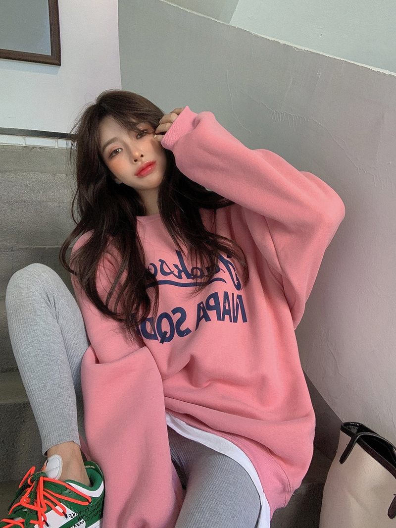 250g original quality pink Korean loose thickening Plush crew neck Pullover mid length top