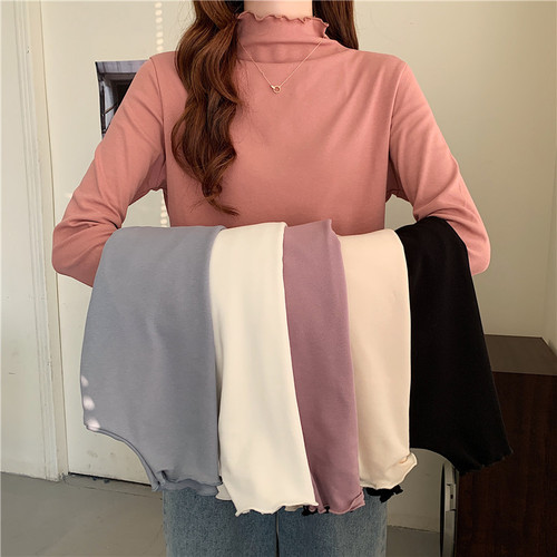 Real price half high collar bottomed shirt women's inner layer with spring and autumn thin velvet fungus edge top middle collar long sleeve T-shirt