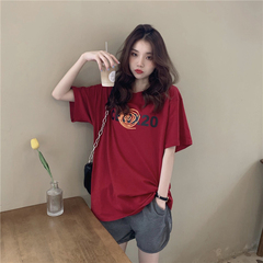 Spring Korean new loose round neck letter print medium length casual versatile Short Sleeve T-Shirt Top