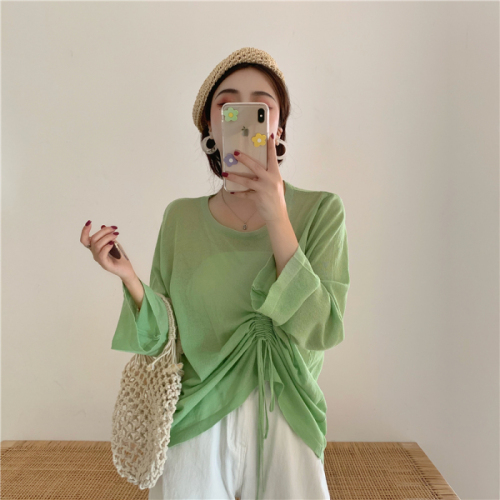 Summer Korean version chic simple solid color drawstring long sleeve and lazy wind sunscreen blouse