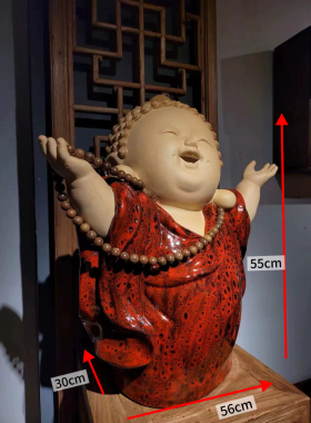 红衣沙弥禅意佛祖欢天喜地石湾公仔陶瓷中式客厅玄关办公会所摆件