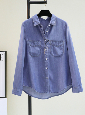 莱赛尔牛仔双口袋蓝色衬衫女2025秋韩版宽松休闲百搭长袖衬衣外套
