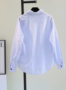复古文艺条纹蓝色衬衫女2025春秋休闲内搭打底衫简约纯色翻领衬衣