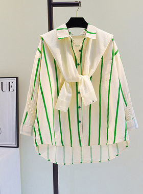 设计感小众绿色条纹披肩衬衫女2025春夏新款韩版宽松休闲衬衣上衣
