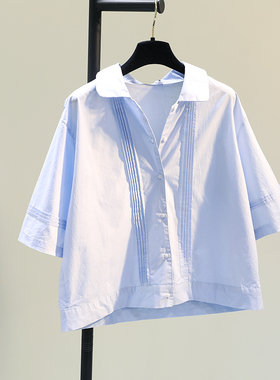 2025白色棉麻短款娃娃衫女衬衫五分袖衬衣