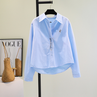 衬衣外穿上衣 宽松休闲长袖 文艺范蓝色刺绣纯棉衬衫 女2025春夏韩版