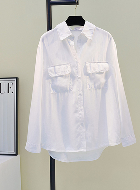 双口袋天丝棉白色衬衫女长袖衬衣2025春夏季文艺范中长款上衣防晒