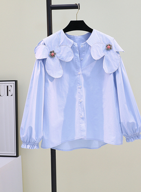 立体花朵蓝色衬衫女2025春夏宽松显瘦棉长袖衬衣上衣防晒衣娃娃衫