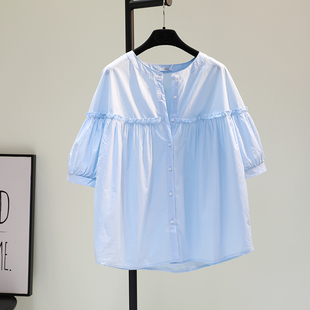 2026韩春蓝色圆领木耳边棉布娃娃衫薄衬衫