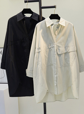 设计感小众不规则口袋绿色衬衣裙女2025春夏新款宽松休闲衬衫上衣