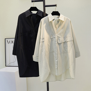 设计感小众不规则口袋绿色衬衣裙女2025春夏新款 上衣 宽松休闲衬衫