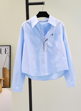 浅蓝色刺绣字母翻领长袖纯棉布衬衫女2025春秋新款韩范小清新上衣