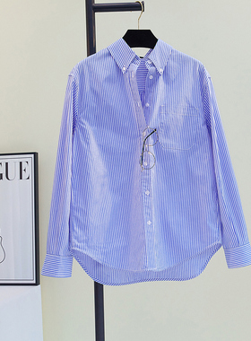 蓝色竖条纹单口袋衬衫女2025夏长袖宽松休闲上衣叠穿通勤开衫衬衣