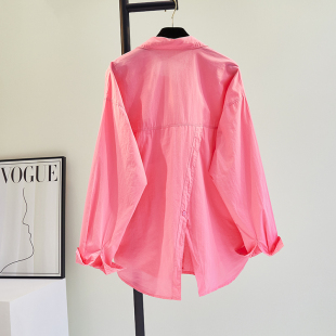 韩版 女外套2026年春新款 宽松衬衣上衣 衬衫 后背开叉玫红色中长款