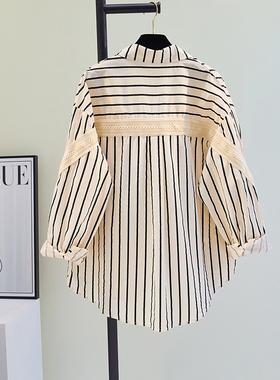 设计感拼接针织黑色条纹衬衫女2025春夏新款韩版宽松减龄衬衣上衣