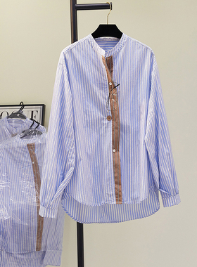 法式蓝色中长款拼接衬衫女2025春夏设计感宽松显瘦长袖衬衫上衣女