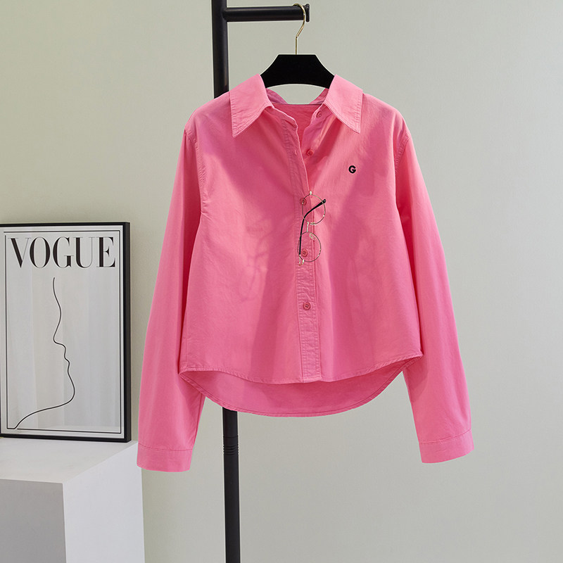 玫红色棉衬衫女长袖宽松休闲衬衣