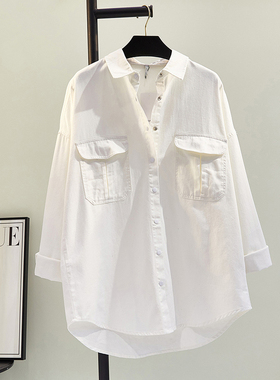 白色双口袋棉衬衫女2025春季新款韩版宽松休闲衬衣BF风中长款开衫