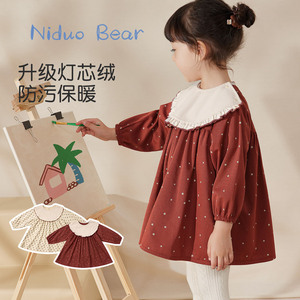 尼多熊2023女宝宝罩衣灯芯绒围兜儿童围裙儿童防水防脏反穿衣秋冬