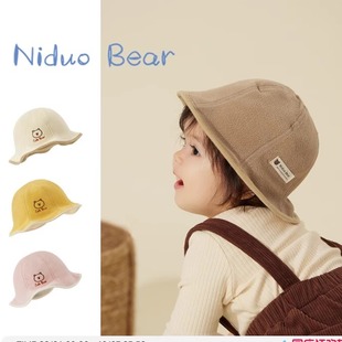 尼多熊2025婴儿帽子春季 摇粒绒渔夫帽男女童毛绒帽宝宝正反帽 新款
