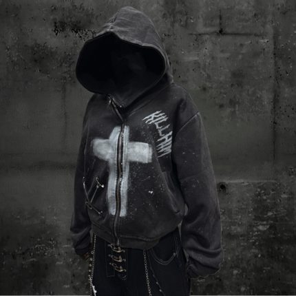 Miub美式废土风做旧水洗短款连帽开衫中性复古手绘十字架拉链外套