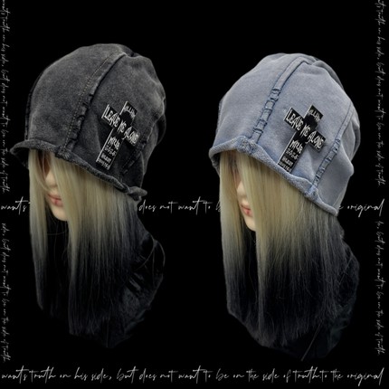 Miub日系Y2K堆堆帽女大头围套头帽男摇滚街头牛仔卷边十字架帽子