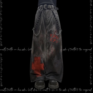 秋 男女亚文化Y2k日系阔腿手绘长裤 Miub美式 废土风做旧洗水牛仔裤