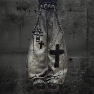 秋先锋Y2K朋克贴布宽松休闲裤 Miub美式 复古废土风做旧泼墨阔腿裤