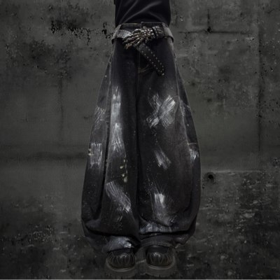 Miub小众涂鸦泼墨宽松阔腿牛仔裤
