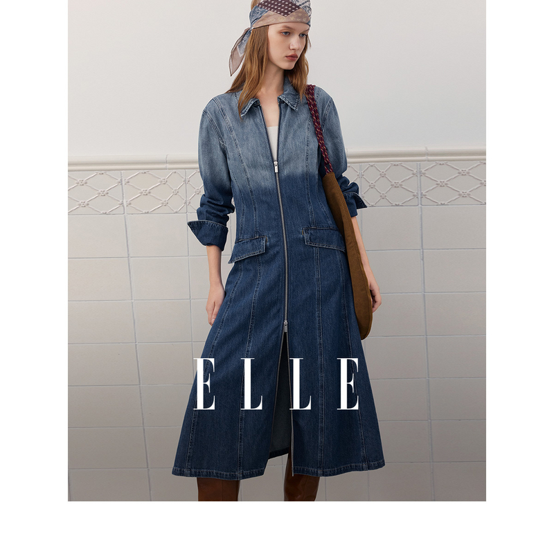 【专柜】ELLE 水洗渐变牛仔连衣裙摩登复古潮x型收腰衬衫裙