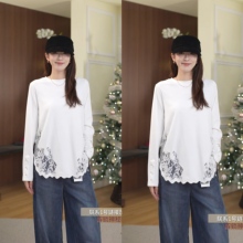 【汤曼妮粉丝专属】女士镂空绣花拼接长袖T恤1688-354-9889