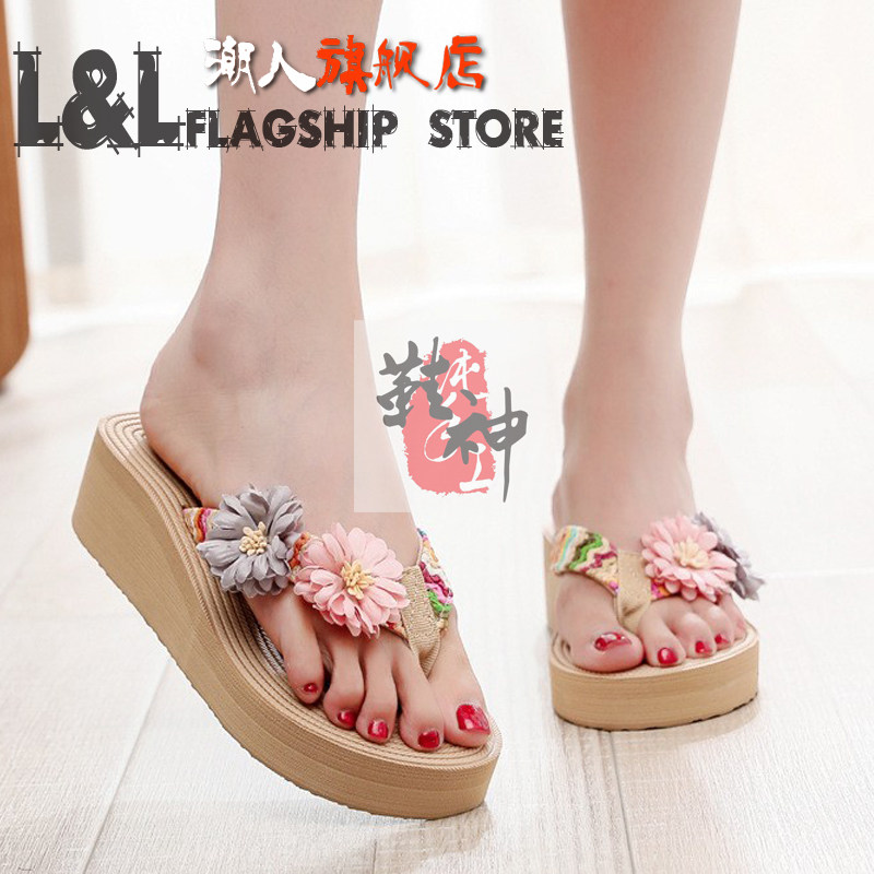 人字拖女夏时尚PP草编织拖鞋外穿海边防滑夹脚潮流花朵韩版沙滩鞋