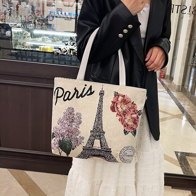 时尚铁塔双面金丝提花帆布包休闲文艺学生礼物单肩外贸手拎包新潮
