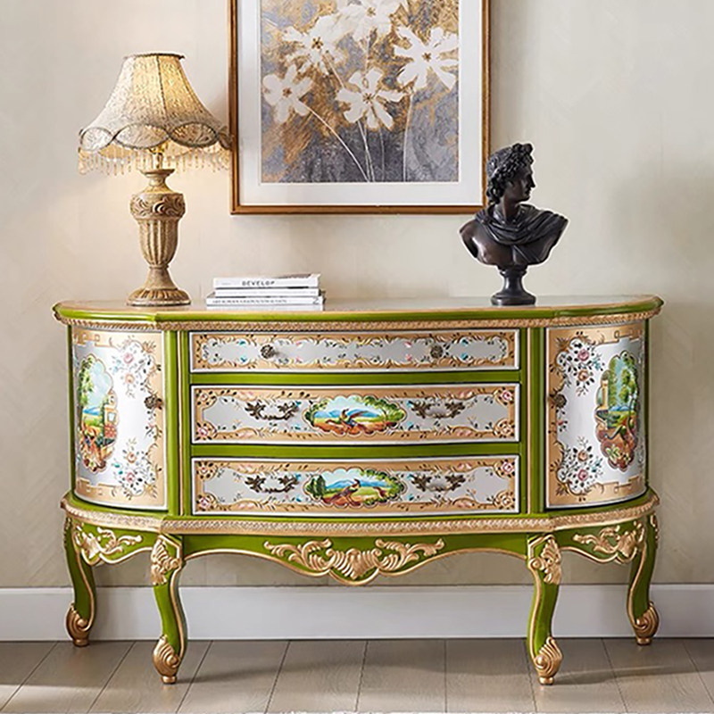 欧式入户玄关柜美式复古彩绘客厅半圆造型门厅装饰柜储物餐边柜86