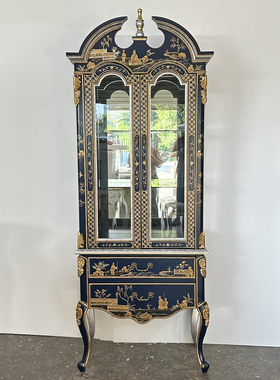 法式双门玻璃酒柜轻奢餐边柜美式帝王蓝色彩绘书柜酒水收纳柜0639